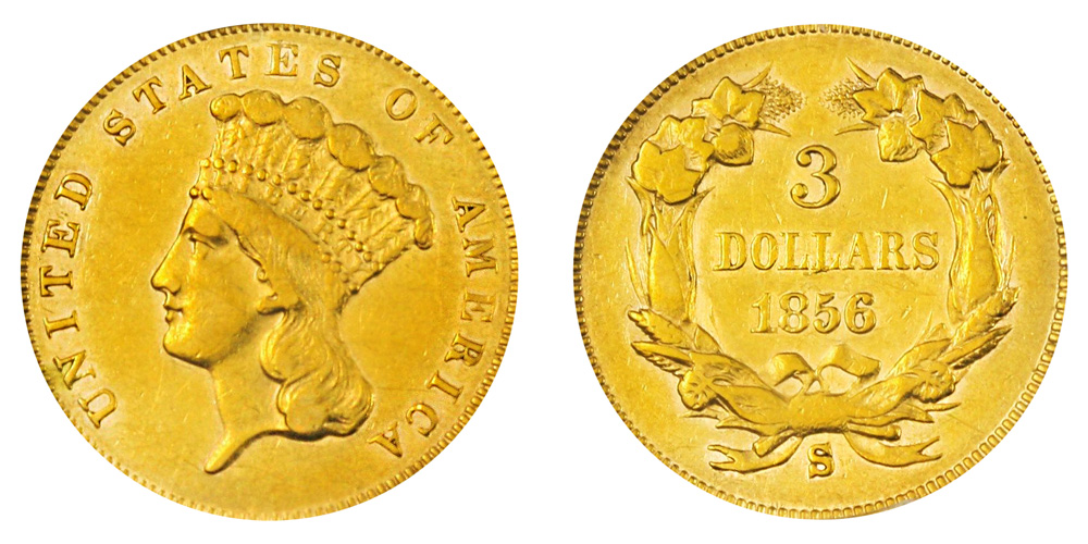 US Coin - 1856 - Indian Princess Head Three Dollar - San Francisco