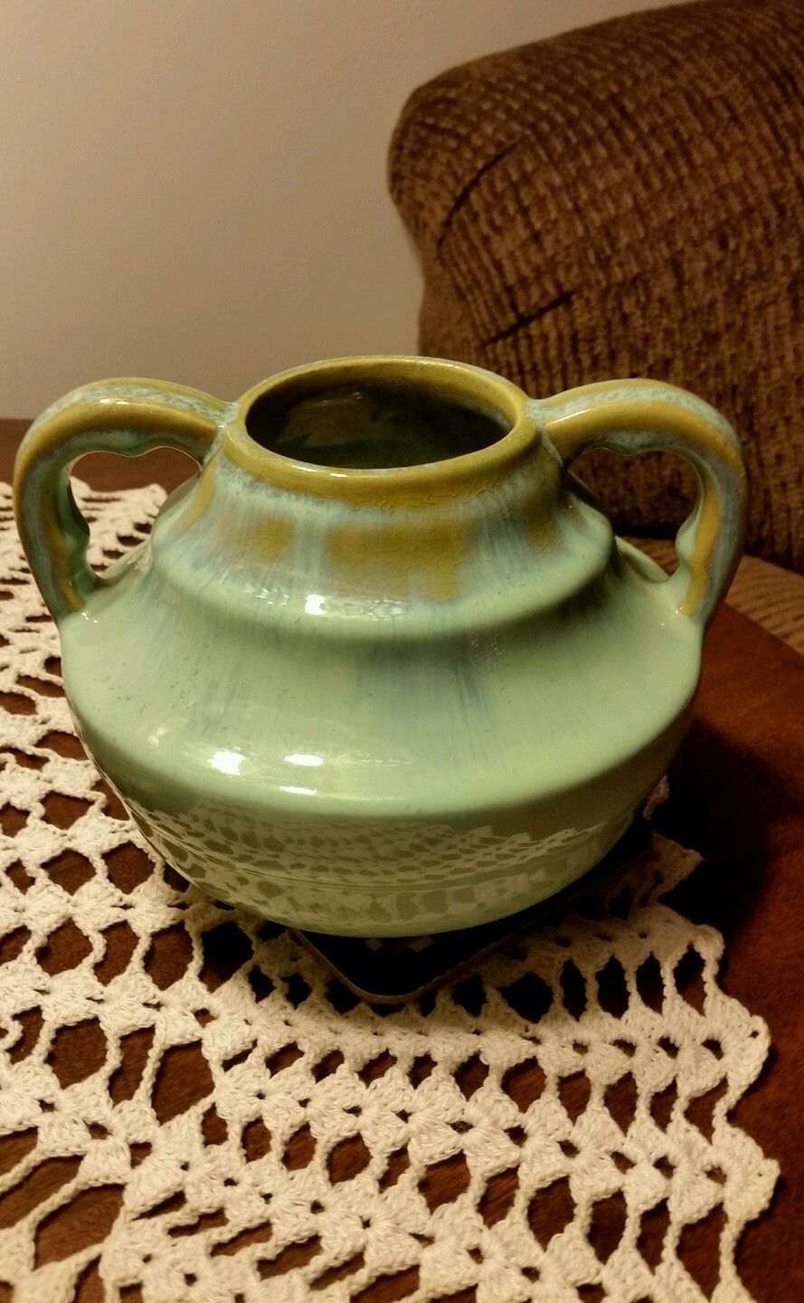Fulper Pottery - Loop Handled Short Vase - Green, Forest