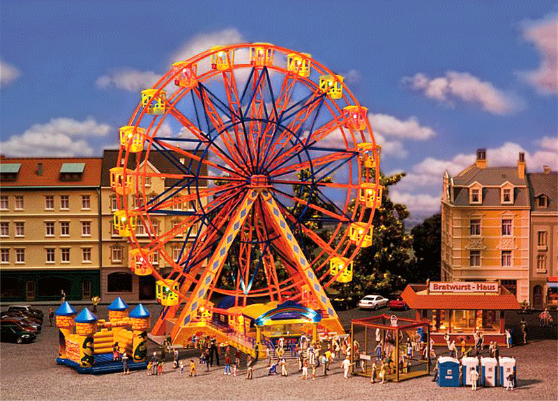 HO Scale - Faller - 140340 - Fun Fair Ferris Wheel, Bounce House, Strength Booth, and Bratwurst Stand - Painted/Unlettered