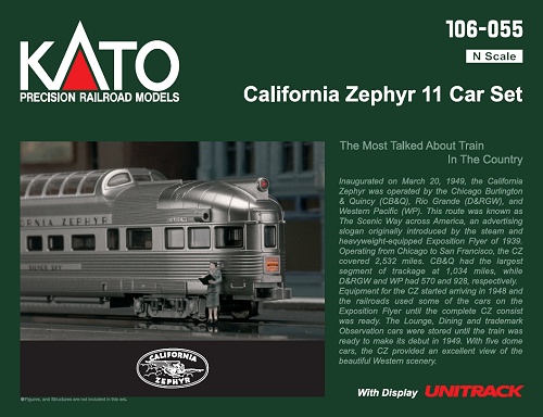 N Scale - Kato USA - 106-055 - California Zephyr 11 Car Set (1st Release) - Burlington Route
