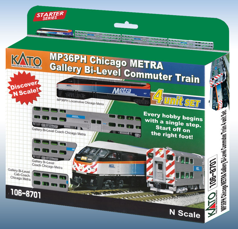 N Scale - Kato USA - 106-8701-1 - MP36PH + Gallery Bi-Level Commuter Train Starter Set - Metra - Chicago Metra - Metra Grey Roof Coach Set with Lights