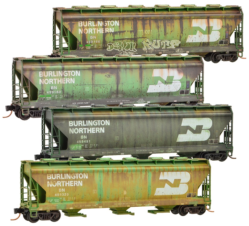 N Scale - Micro-Trains - NSE MTL 18-63 - Covered Hopper, 3-Bay, ACF 4650 - Burlington Northern - 4-pack