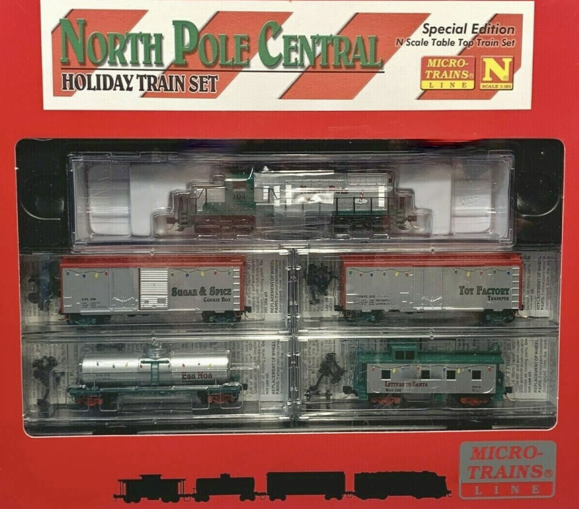 N Scale - Micro-Trains - 993 21 731 - Passenger Train, Diesel, North American, Transition Era - Holiday Car - North Pole Central