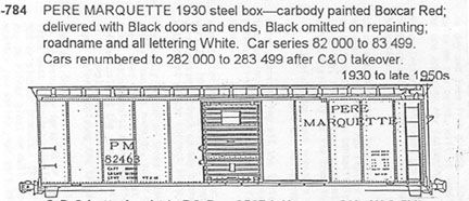 N Scale - CDS Dry Transfer Lettering - 784 - Boxcar, 40 Foot, Steel Single Door - Pere Marquette - 82000-83499