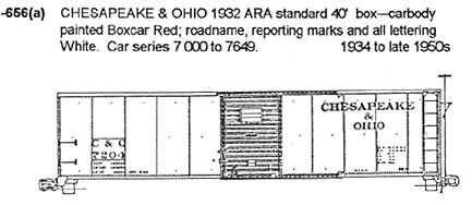 N Scale - CDS Dry Transfer Lettering - 656 - Boxcar, 40 Foot, Steel Single Door - Chesapeake & Ohio - 7000-7649
