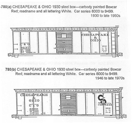 N Scale - CDS Dry Transfer Lettering - 780 - Boxcar, 40 Foot, Steel Single Door - Chesapeake & Ohio - 8000-9499