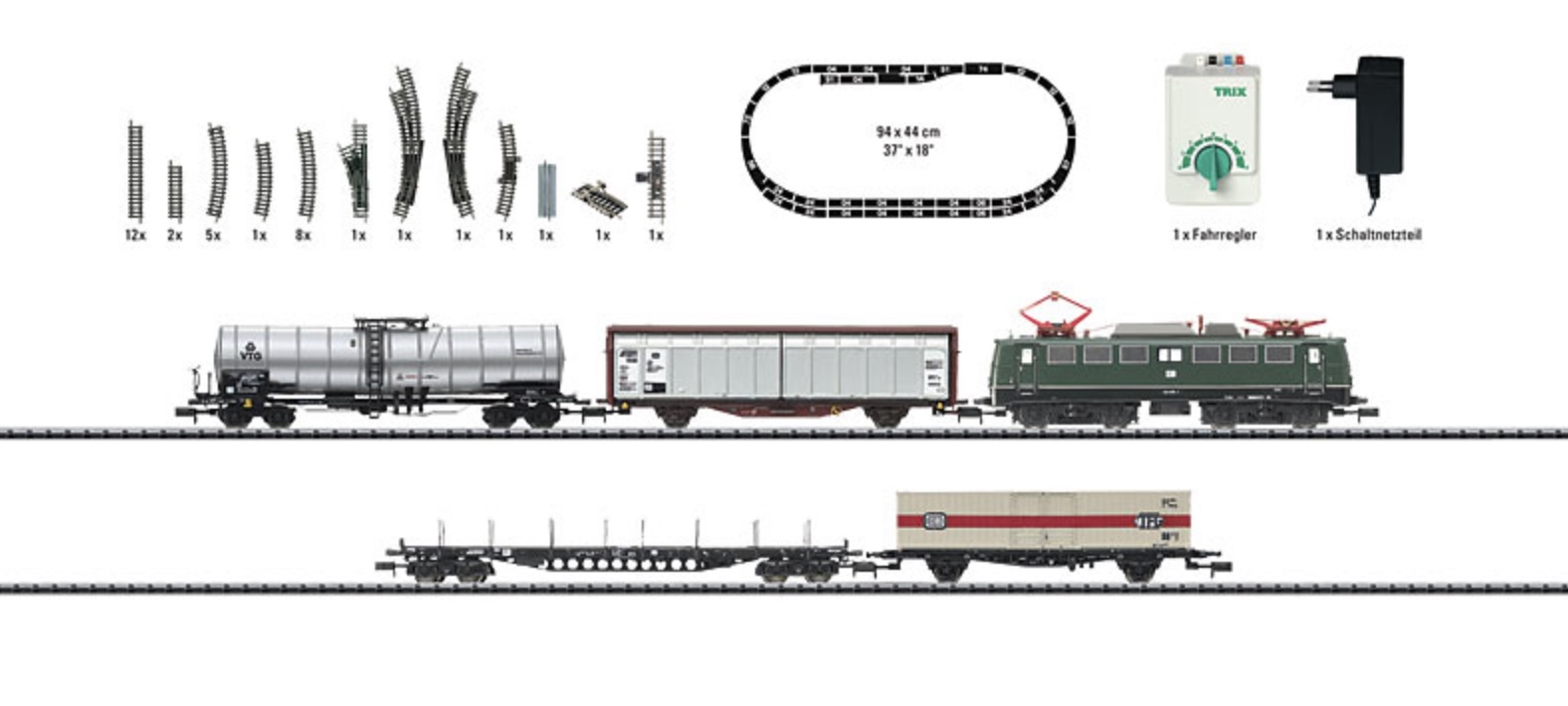 N Scale - Minitrix - 11128 - Mixed Freight Consist, Europe, Epoch IV - Deutsche Bundesbahn - German Federal Railroad Freight Service Starter Set