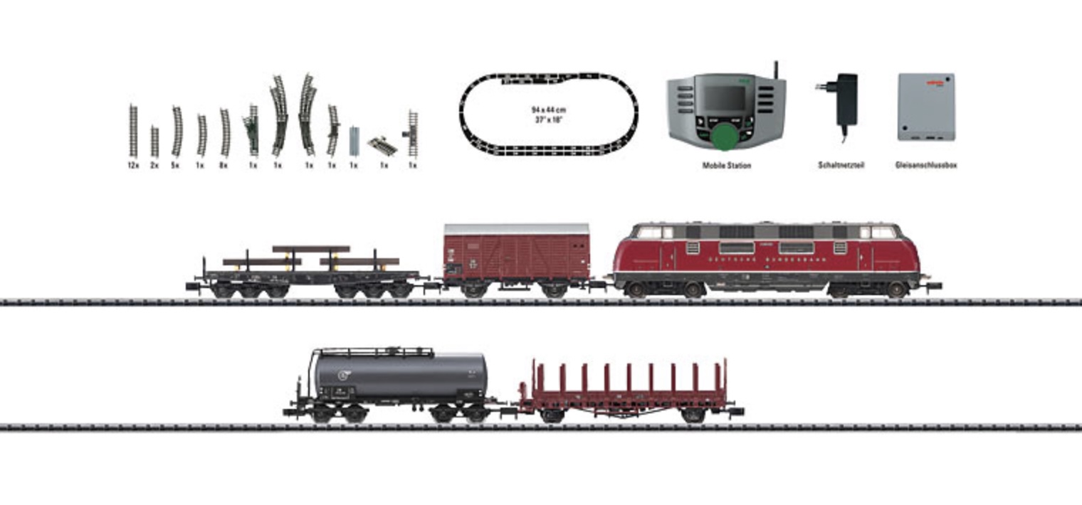 N Scale - Minitrix - 11129 - Mixed Freight Consist, Europe, Epoch III - Deutsche Bundesbahn - German Federal Railroad Freight Service Digital Starter Set