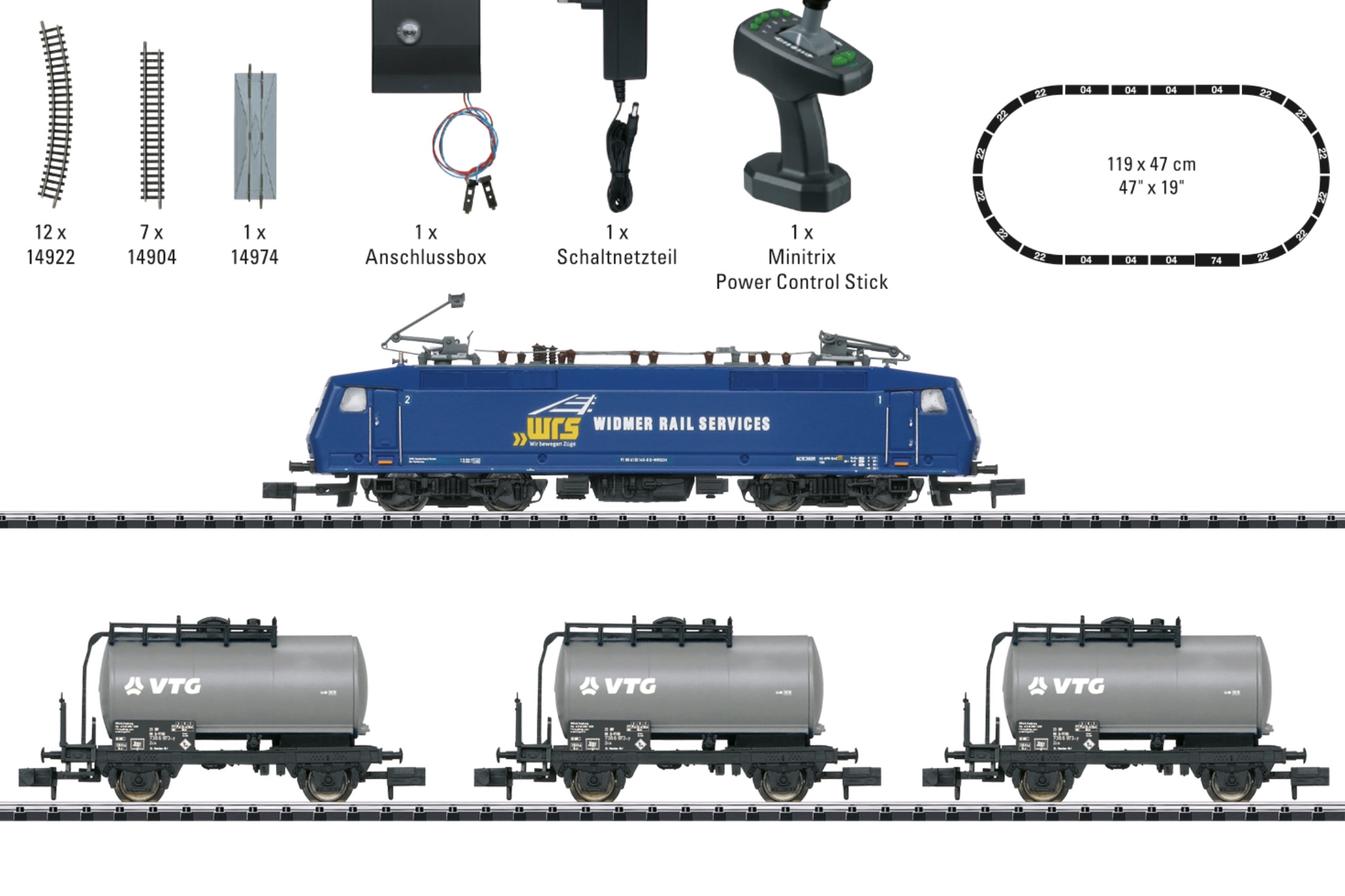 N Scale - Minitrix - 11158 - Mixed Freight Consist, Europe, Epoch VI - Widmer Rail Services - "Freight Train" Digital Starter Set