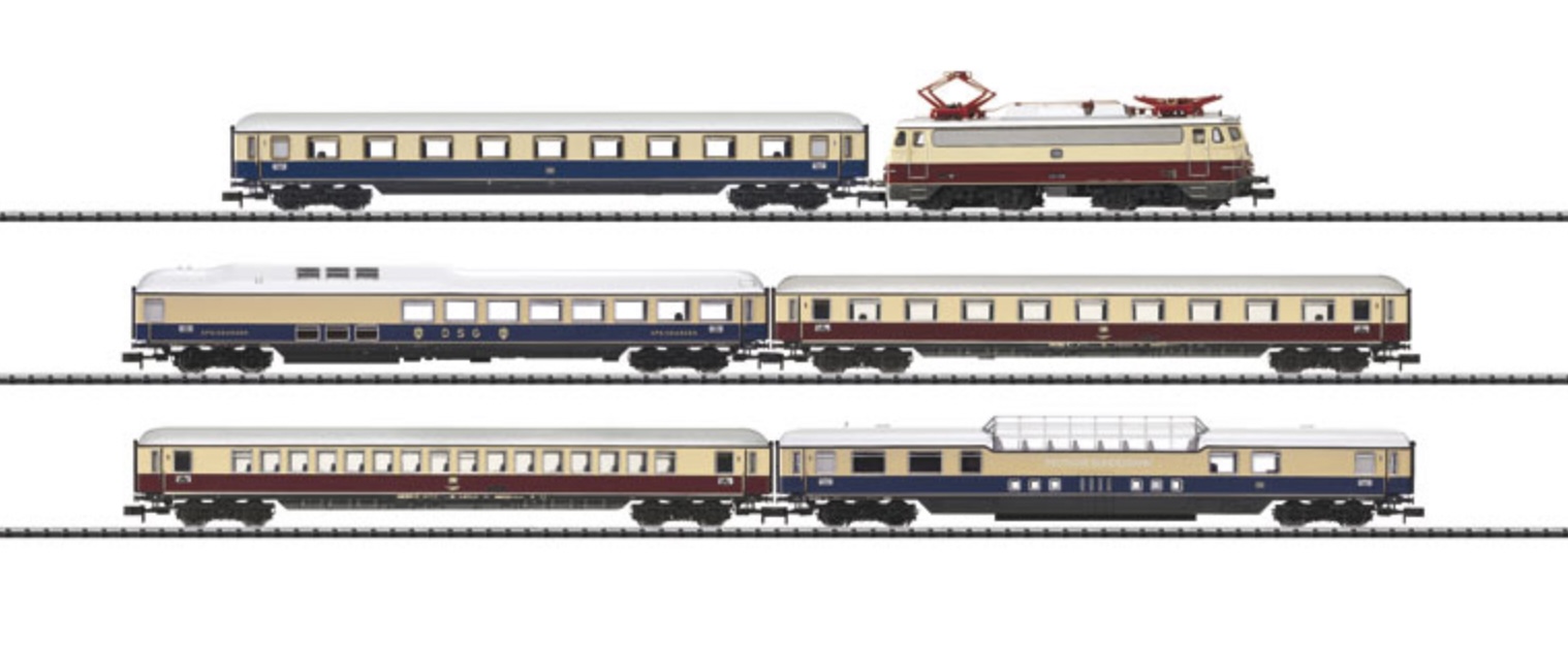 N Scale - Minitrix - 11614 - Mixed Passenger Consist, Europe, Epoch III - Deutsche Bundesbahn - "Rheinpfeil" Express Train Set