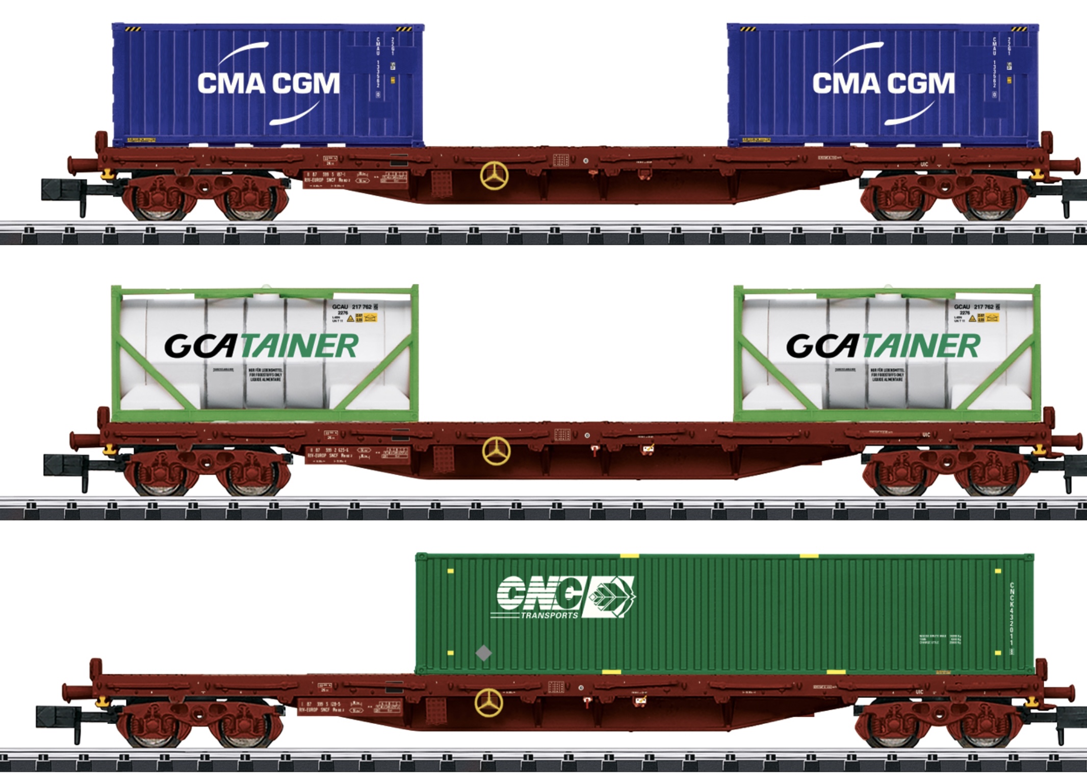 N Scale - Minitrix - 15072 - Flatcar, Rs 683 , Container Transport, Epoch V - SNCF - 3-Pack