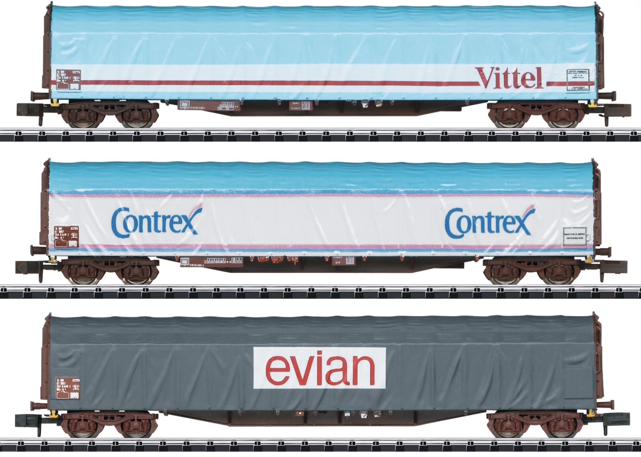 N Scale - Minitrix - 15375 - Flatcar, Rilns, Sliding Tarp , Epoch V - SNCF - 3-Pack