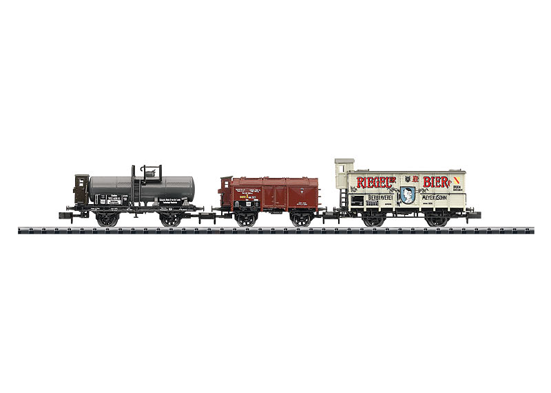 N Scale - Minitrix - 15063 - Mixed Body Style, Gondola, Tank Car, Beer Car, Epoch I - Baden State Railway - 3-Pack