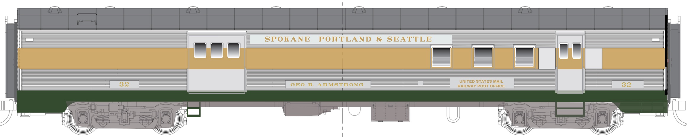 N Scale - RailSmith - 753603 - Passenger Car, Lightweight, Fluted, RPO - Spokane Portland & Seattle - Geo B. Armstrong - 32
