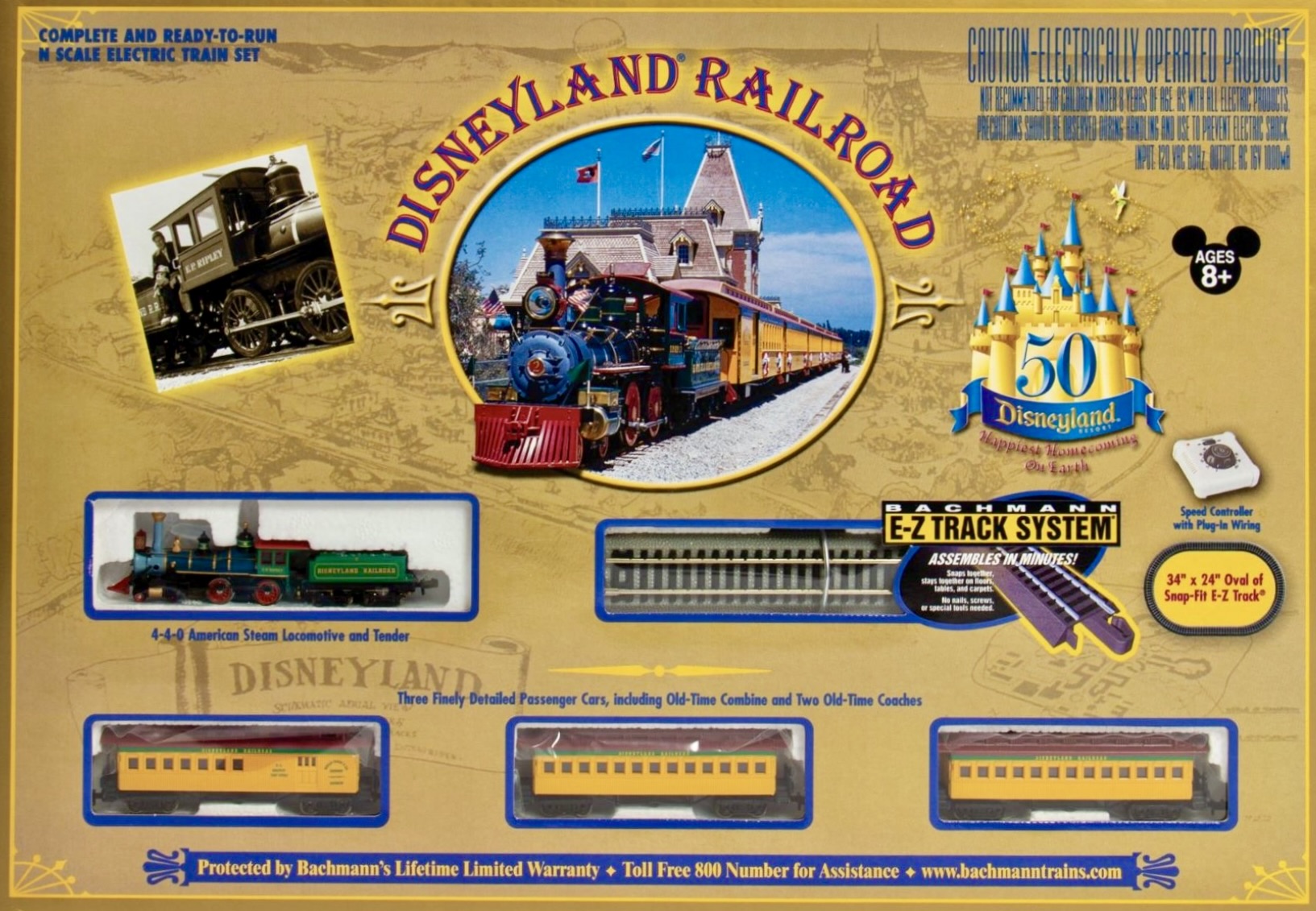 N Scale - Bachmann - 24012 - Passenger Train, Steam, North American, Old Time - Santa Fe & Disneyland - E.P. Ripley & Three Passenger Cars