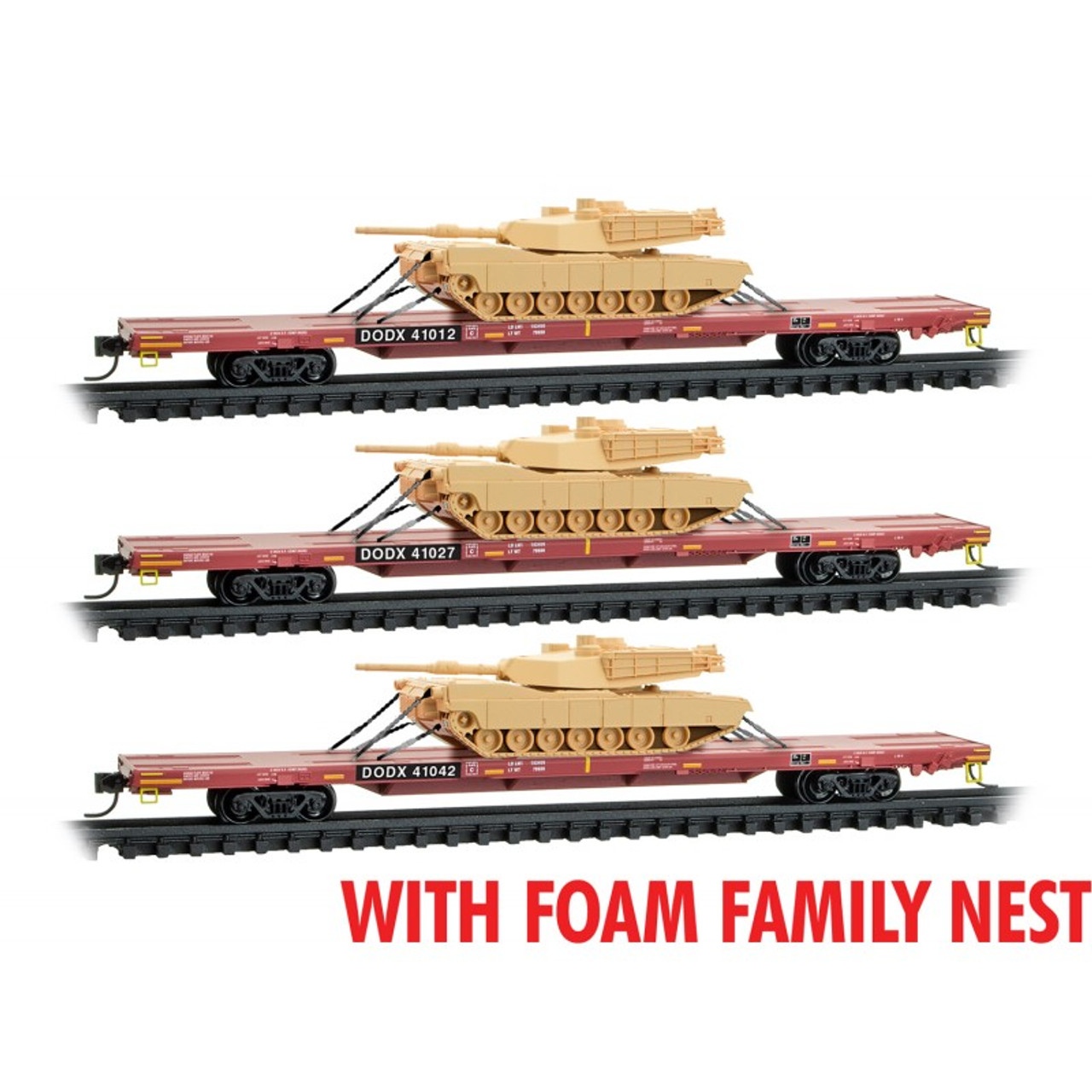 N Scale - Micro-Trains - 993 02 214 - Flatcar, 68 Foot, DODX Heavy-Duty - Department of Defense - 3-Pack