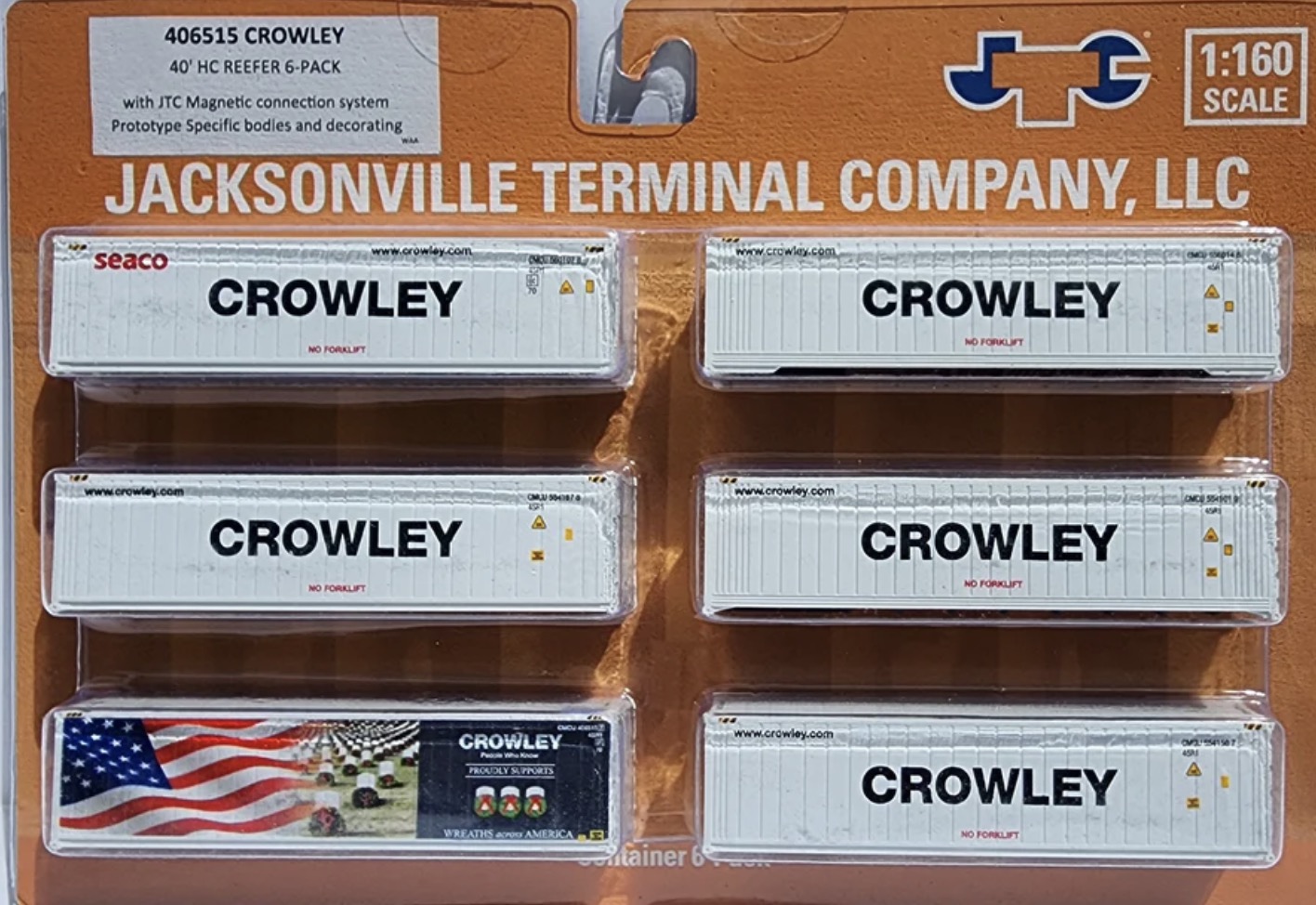 N Scale - Jacksonville Terminal - 406515 - Container, 40 Foot, Hi-Cube - Crowley - 6-Pack