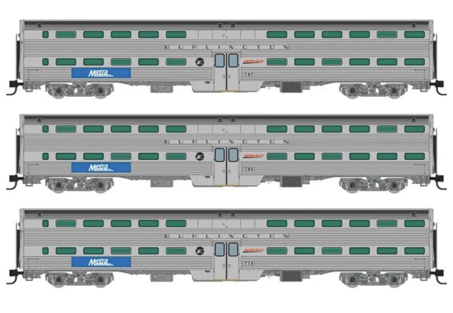 N Scale - Rapido Trains - 545012 - Passenger Car, Commuter, Budd Bi-Level,Gallery - Chicago Metra - 3-Pack (Set #4)