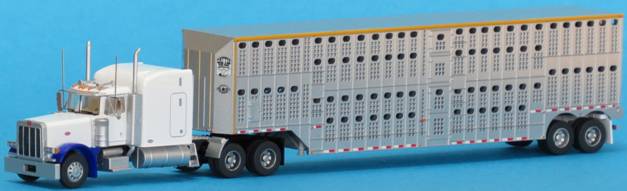 N Scale - Trainworx - 57935 - Truck, Semi Tractor Trailer, Dual Axle, High Top Sleeper, Peterbilt, 379, Livestock Trailer, 50 Foot, Merrit Goldline